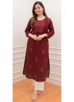 Rayon Cotton Maroon Casual Wear Embroidery Work Readymade Kurti With Plazzo